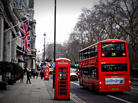 Регистрация компании в Великобритании Classic London scene featuring a red double-decker bus and iconic phone booth on a busy city street.