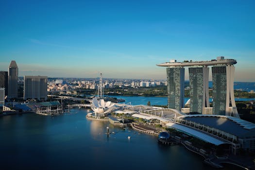 Discover Singapore's iconic cityscape with Marina Bay Sands, a stunning view from above on a clear day.